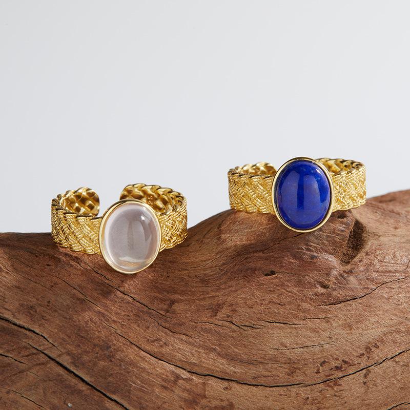 Niche Retro High-End Open Ring S925 Sterling Silver Inlaid With Natural Lapis Lazuli Powder Crystal Colored Treasure Ring For Women