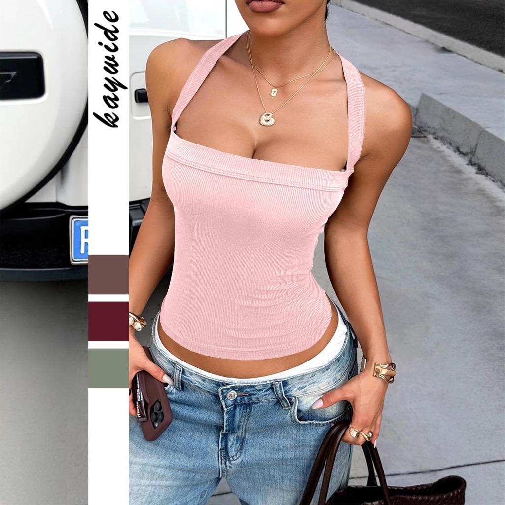 Women's Square Neck Sleeveless Ribbed Crop Top Slim Fit Sexy Y2K Camisole Tank Top Solid Color Summer Halter Tube Top