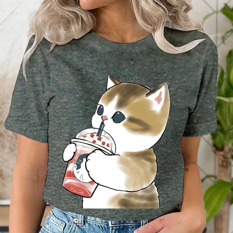 Women Boba Tea Cat Print Casual Clothes Tee Tshirt Fashion Female Tops Mujer Camisetas Ladies Anime Cartoon Graphic TShirt Tops