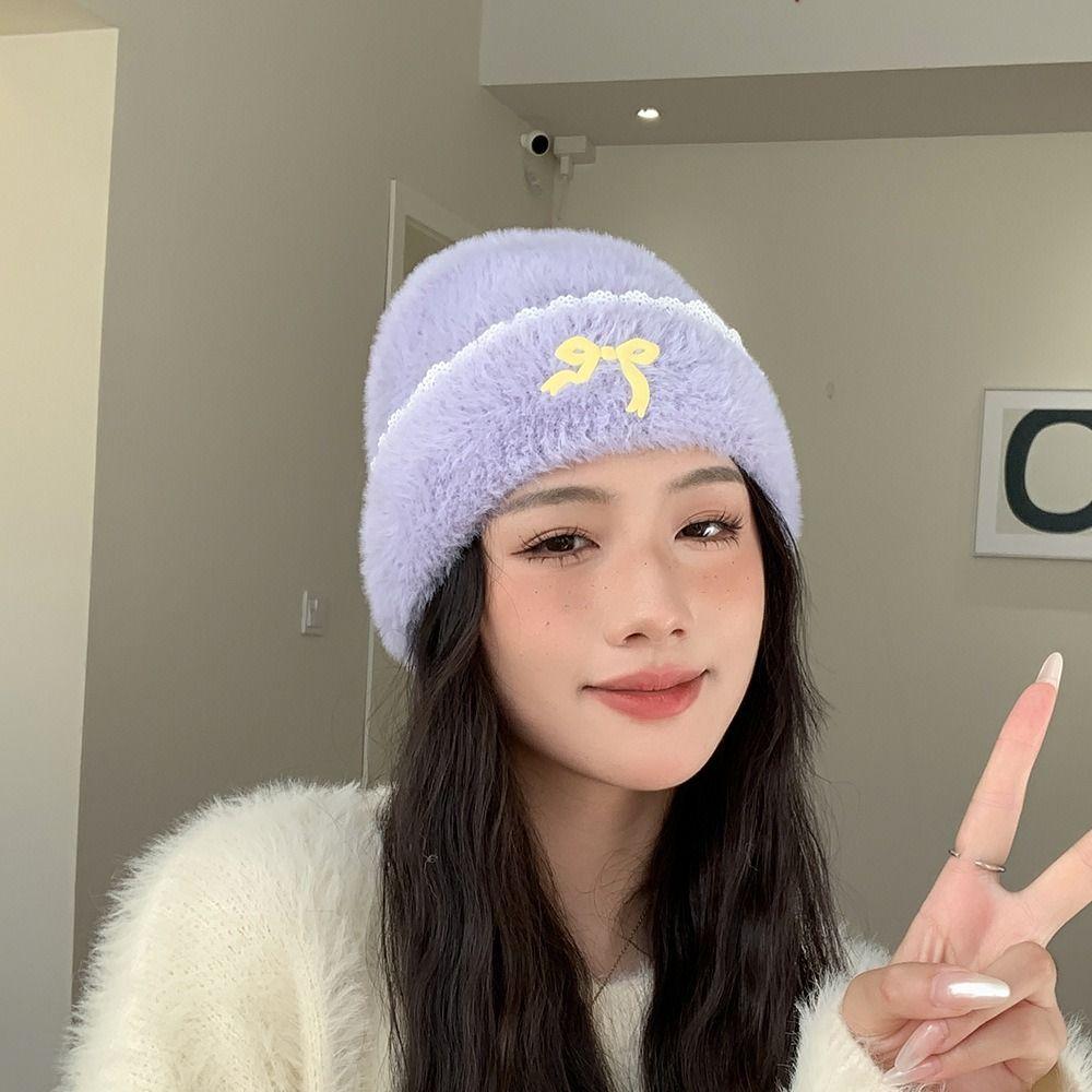 Lace Edge Knitted Pullover Hat Solid Color Ear Protection Cap Sweet Bow Beanies  Ladies