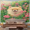 Fluffy Dog in Pink Flowers Garden Pattern Wall Hanging Tapestry Decorative Tapestry Home Decor for Bedroom and Living Room