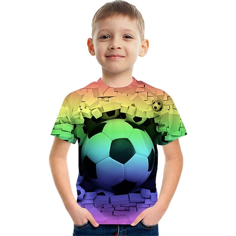 Summer Round Neck 3D Colorful Football Pattern Printed Top Fashionable Casual Short Sleeved Children's Boy T-shirts