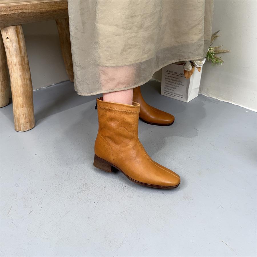 Johnature Genuine Leather Retro Thick Heel Mid-calf Boots Square Toe Versatile Women's Shoes