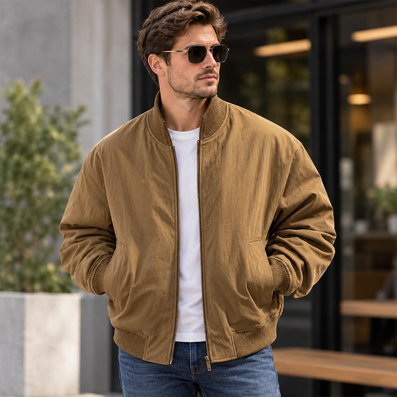 Veste Bomber Homme Style Rétro Col et Poignets Côtes Fermeture Éclair Intégrale Vêtement d'Extérieur Coupe-Vent Coupe Ample Poches Mains Mode Quotidienne Streetwear