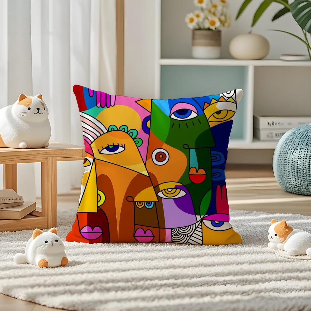 Colorful Abstract Faces Pillow Case Silky elegant Comfort Sofa Bed Invisible zipper