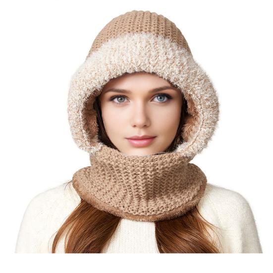

3 in 1 Knit Hat Solid Color Plush Trim Velvet Lining Winter Hat Scarf Face Guard Set Windproof Fleece Lined Headwear
