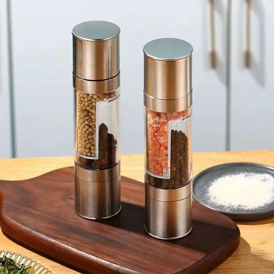 2-in-1 Salt And Pepper Grinder Set Adjustable Coarseness Manual Spice Mill with Glass Jar Stainless Steel Refillable Kitchen Shaker Bottle