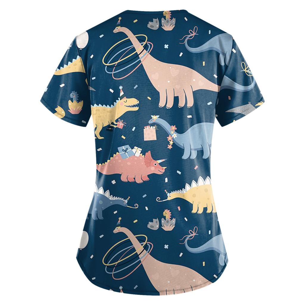 Women Fashion Spring And Summer Oil Painting Print V-neck Short Sleeve Workwear With Pockets Tops