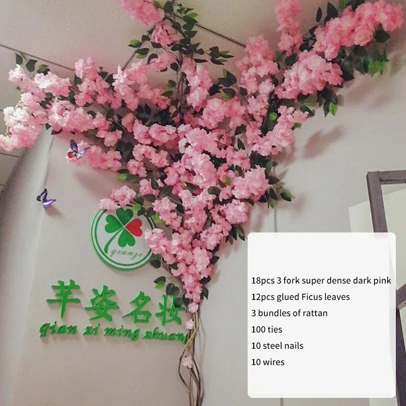 Artificial Cherry Tree Rattan Flower, Silk Wedding Background, Wall Decoration Flower, Home Decoration