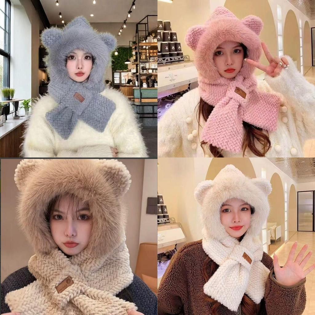 Bear Hat Scarf Set For Winter Adults Warm Knit Windproof Earmuff Gloves Gift Idea