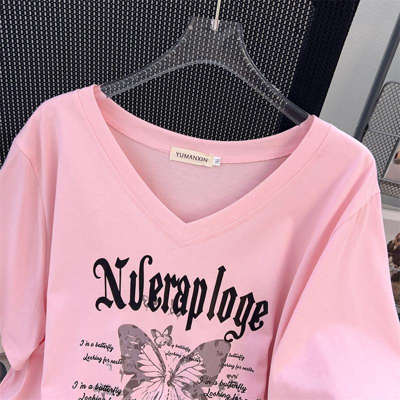 Plus Size Women V Neck Short Sleeve Loose Mid Length Solid T Shirt