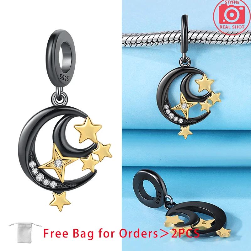 Original Copper Charms Pink Moon Cat Star Heart Love Zircon Beads Pendant Fit Diy Bracelet Necklace Women Jewelry Blue Gift