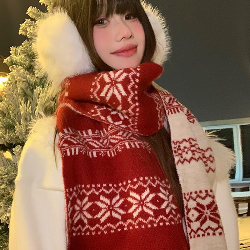 

Двусторонний вязаный шарф с узором «снежинка» в стиле Fair Isle, женский, осенне-зимний, атмосфера, утолщенный теплый шарф, ретро-шаль 175*27CM бордовый