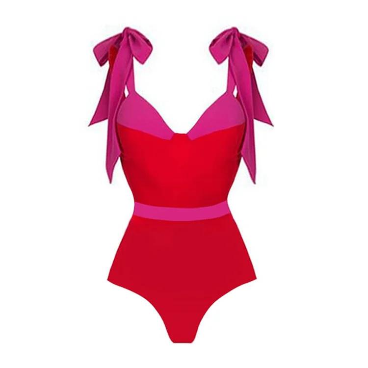 European and American one-piece swimsuit color matching bow lace-up suit women s one-piece swimsuit Xingcheng S