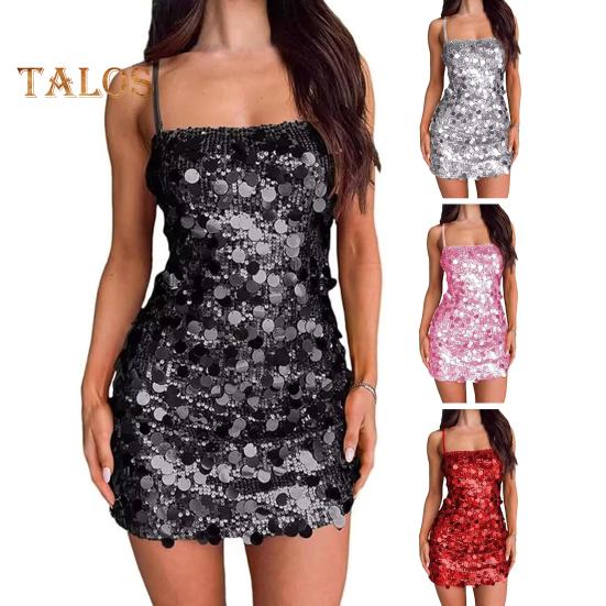 Sexy Sequin Bodycon Mini Dress for Women Spaghetti Strap Glitter Evening Dress Sleeveless Backless Sparkly Club Party Dress