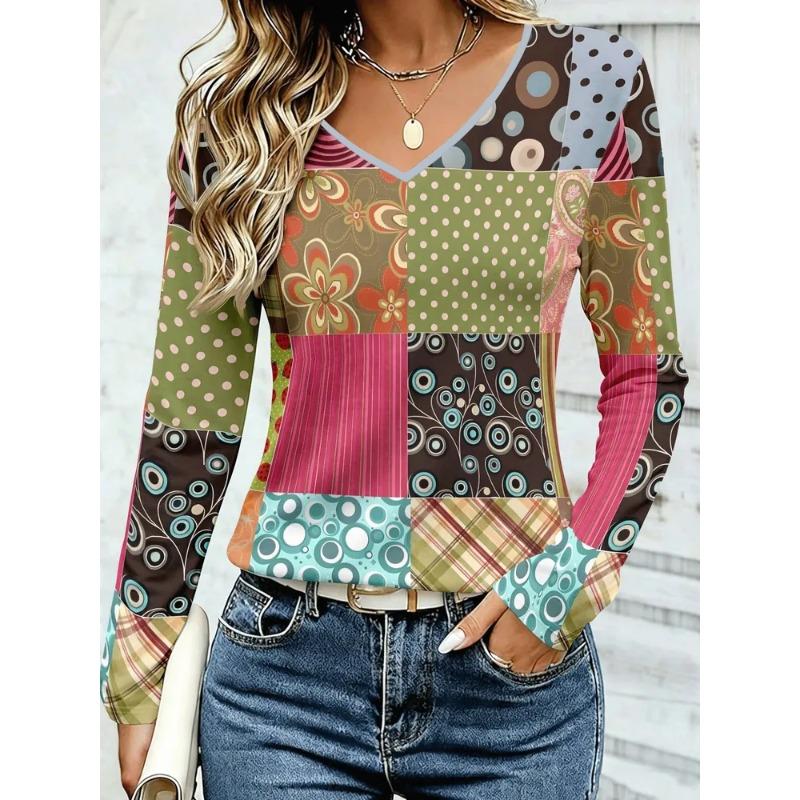 Women's Autumn and Winter 3D Color Striped Printed V-Neck Long Sleeve T-Shirt