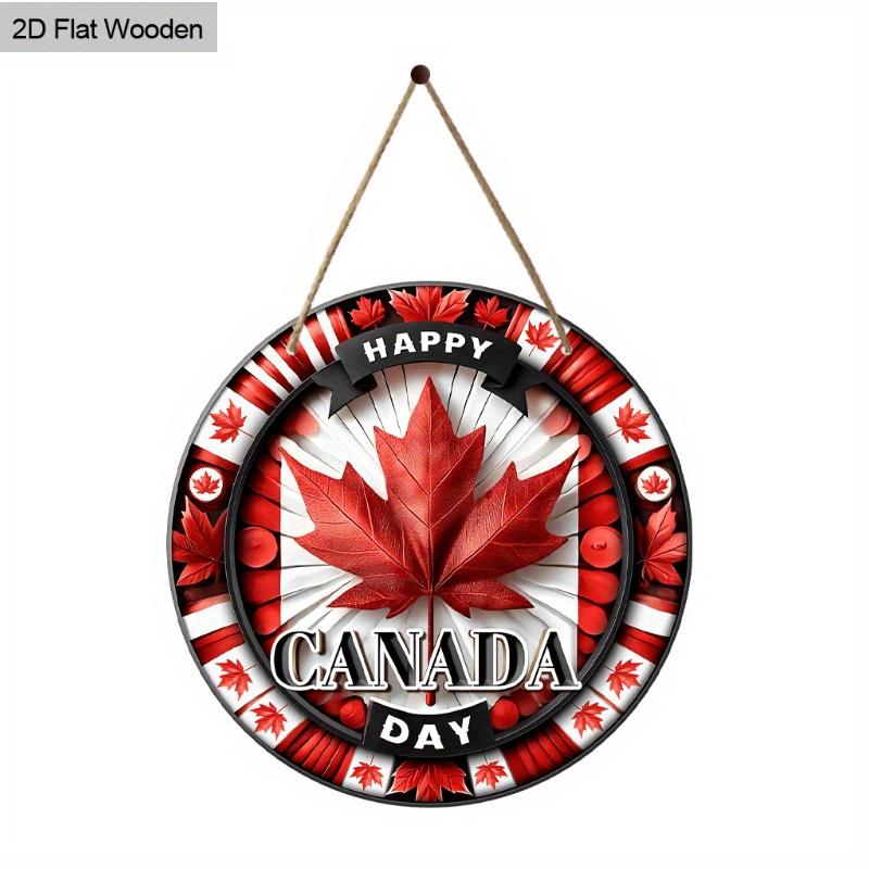 Happy Canada Day National Anniversary Red Maple Leaf Pattern Round Wooden Pendant Painting Home Decoration Party Pendant Gift for Friends 20cm/7.87in