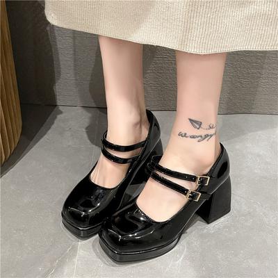 Spring Chunky Platform Pumps for Women Autumn Pu Leather Ankle Buckle Mary Jane Shoes Woman Square Toe Thick Heeled High Heels
