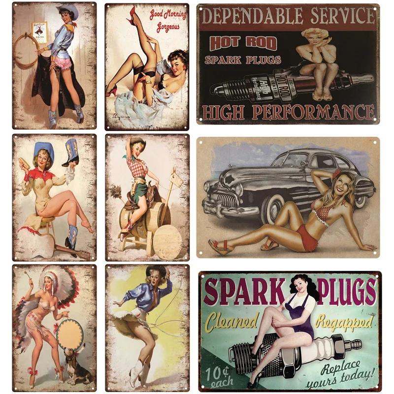 Retro Pin Up Girl American Style Tin Sign Metal Vintage Plaque Wall Signs Metal Poster Plate Garage Bedroom Man Cave Gift Decor