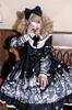 Gothic Lolita Long Sleeve Dress One Piece Skirt Knee Length Black Doll Castle Pattern [Lady Lazy] (L)