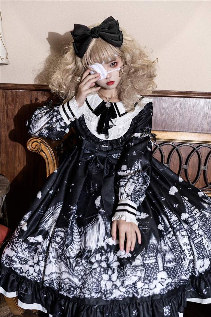 Gothic Lolita Long Sleeve Dress One Piece Skirt Knee Length Black Doll Castle Pattern [Lady Lazy] (L)