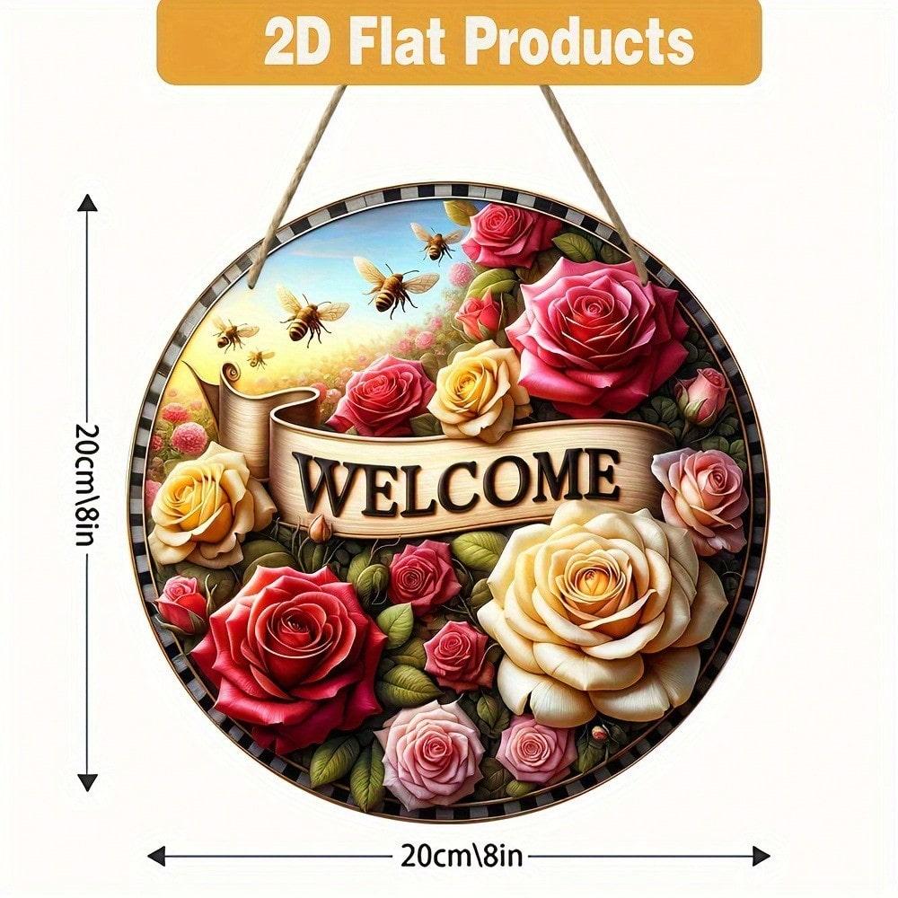 Vintage Welcome Sign Floral Wreath Round Rustic Wall Art Home Garden Farmhouse Decor