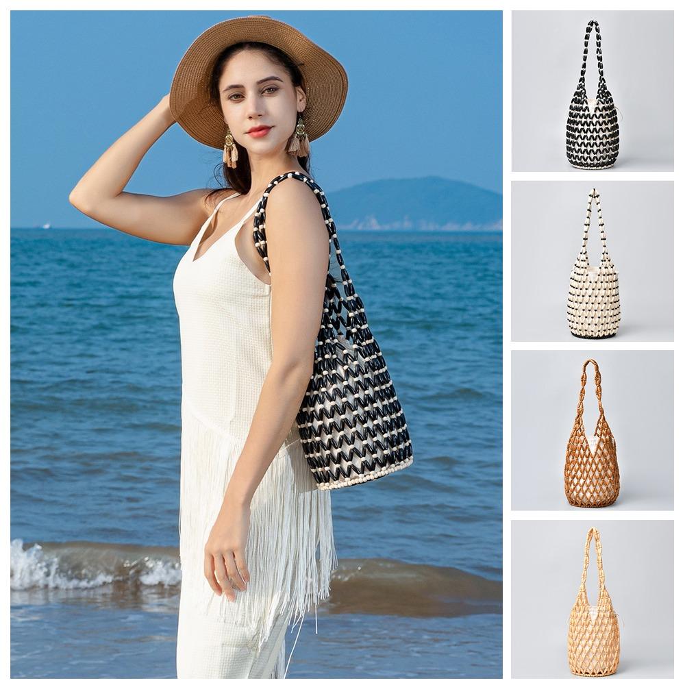 Elegant Bohemian Woven Hand Bag Female Style Handmade Wooden Bead Tote Exquisite Design Bucket Shoulder Bag Female Fashion