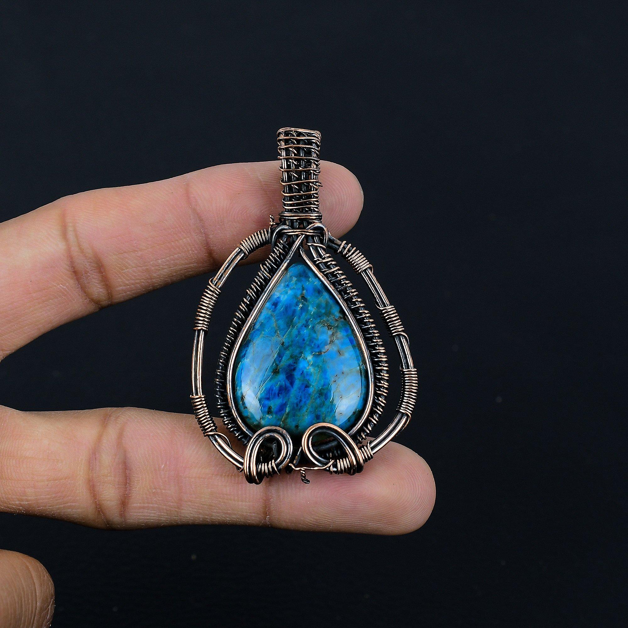 

Neon Blue Apatite Gemstone Pendant 999 Copper Wire Wrapped Jewelry, Handmade Antique Pendant Jewelry, Gift For Mother 2.55