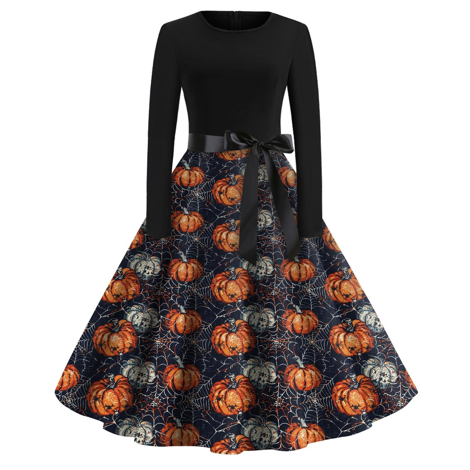 

Women s Fashion V-neck Casual Slim Fit Halloween Printed Long Sleeve Dress S