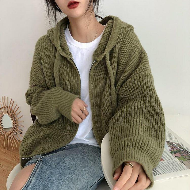 Loose Knitted Hooded Sweater Cardigan Coat Solid Color Womens Top
