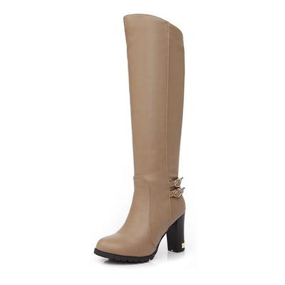 Women Winter Thick Fur Knee High Heel PU Leather Ridding Boots Zipper Long Chunky Heels Botas Feminina Black Brown