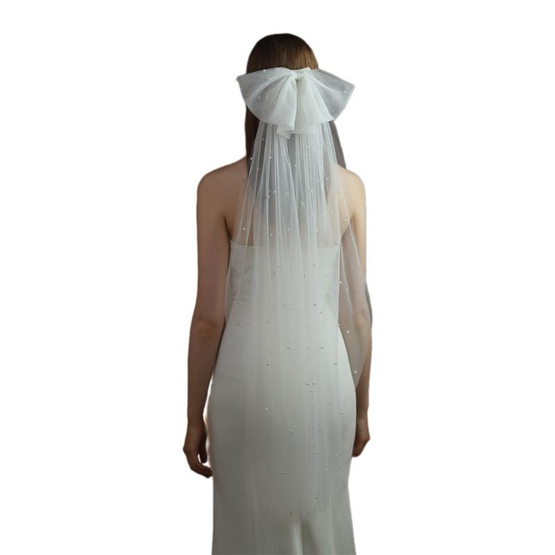 Свадебная фата Бант Украшенный жемчугом Короткая фата Аксессуары для волос невесты Белая прозрачная 1