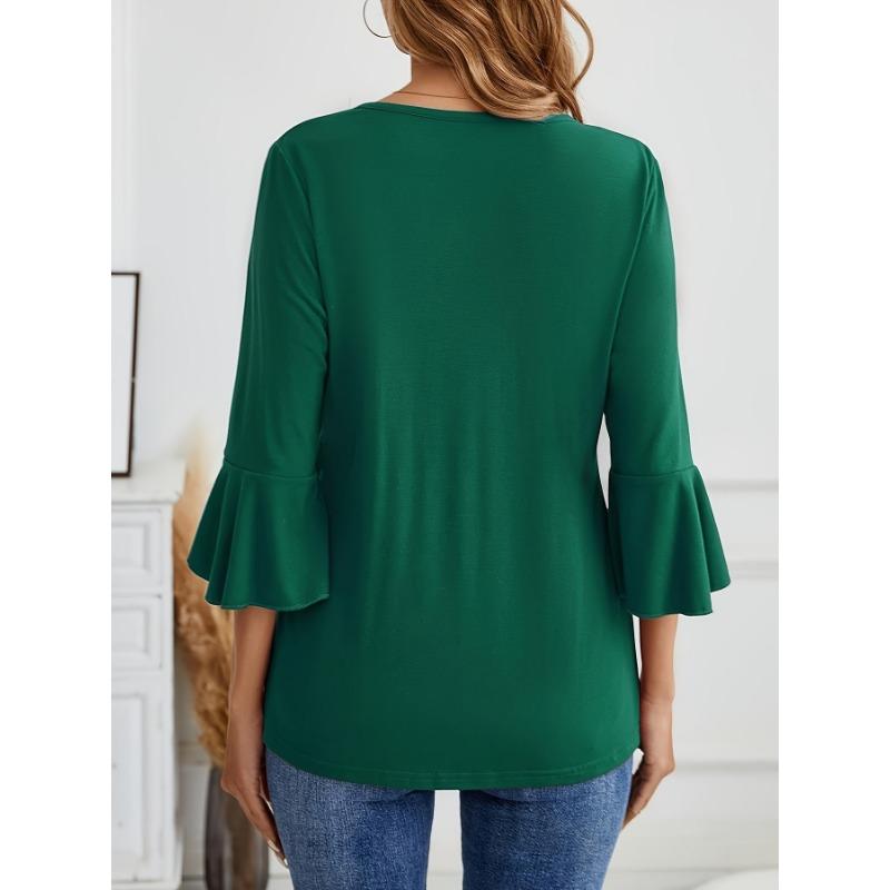 Women S Elegant Casual 3 4 Sleeve V Neck T Shirt With Ruffle Front Pleats