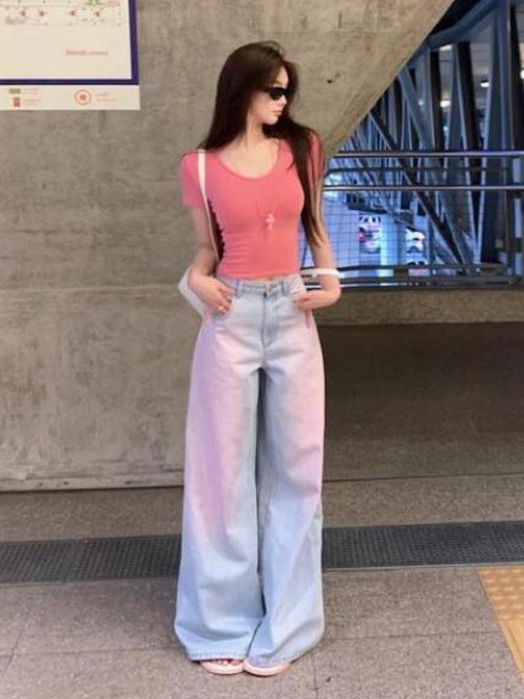 Pink Blue Design Vintage Baggy Loose Jeans Women Y2k Harajuku High Waist Denim Trousers Female Retro Fashion 90s Aesthetic Wide Pants Sreetwear