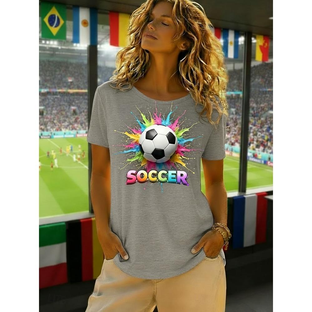 Women's T Shirt Tee Top Print Graphic Football Stylish Classic Casual Short Sleeve Crew Neck Regular Summer Spring