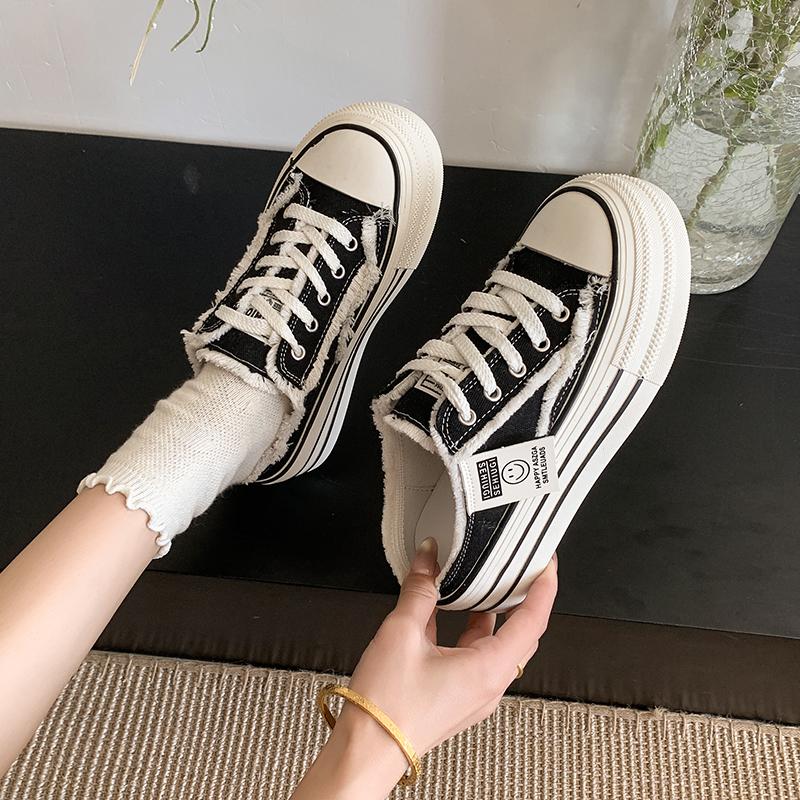 2025 Summer New Thick-sole Slippers Fashion Casual Lace-up Women's Sandals Canvas Low-top Sneakers Flat Semi-vulcanized Shoes