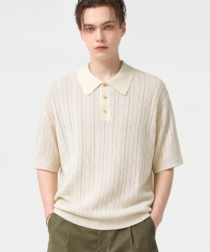 TRILLION Washable Resort Cable Collar Short Sleeve Knit_Ivory