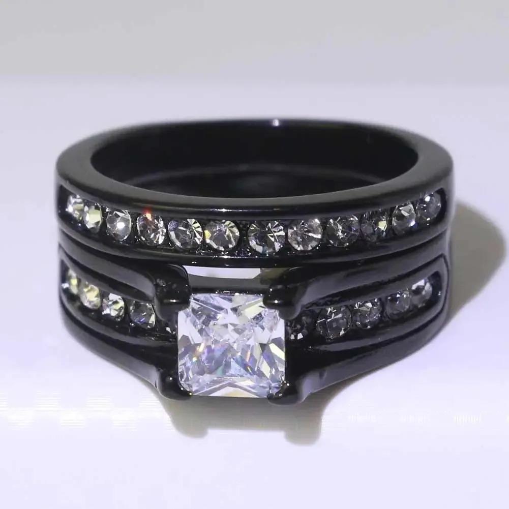 Fashion Couple Rings Women's White Rhinestones Zircon Ring Sets Men's Stainless Steel Zircon Stones Rings Wedding Band Jewelry