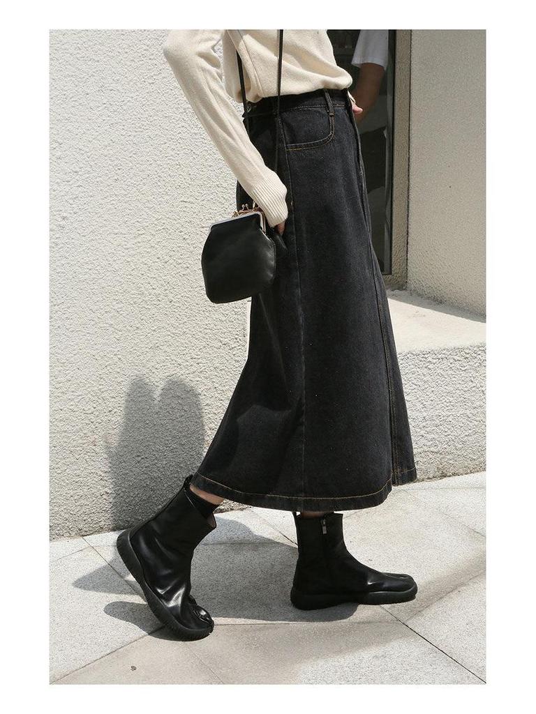 Retro Korean Style High-Waist Slimming Denim Midi Skirt with Split for Women