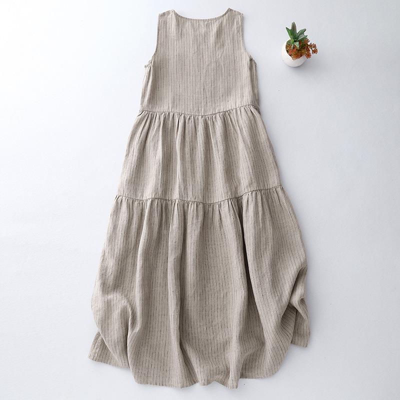 Plain Striped Loose Plus Size Women's New Pressed Pleated Literary Vest Dress