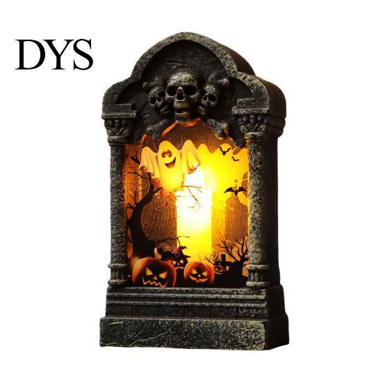 Gothic Home Ornament Tombstone Candle Lantern, LED Lighted Spooky Graveyard Table Lamp, Halloween Festival Gift Small Night Light for Haunted