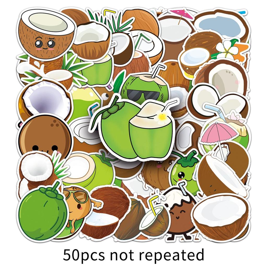 50 Coconut Cartoon Fruit Stickers - Creative, Fresh, Decorative & Waterproof for Phone Cases & Luggage
