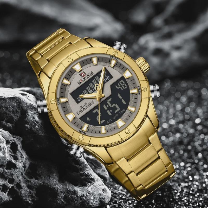 Herrenuhren Doppelanzeige Zeit Multifunktions-Countdown Sport-Alarmmodus Kreative Edelstahluhr Wasserdichte Uhr