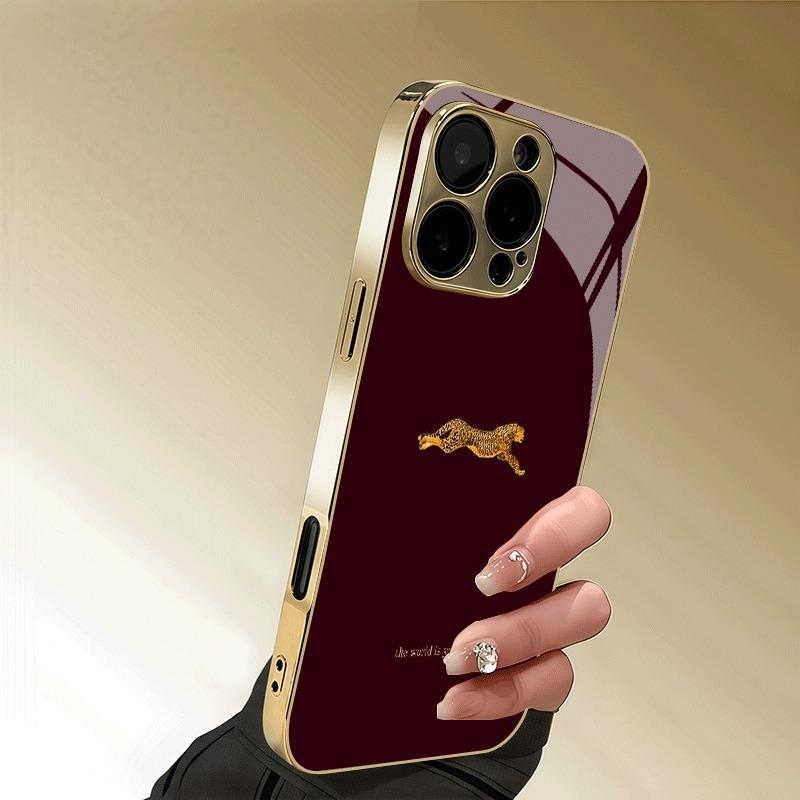 Gouden Luipaardpatroon Goud Metallic Verf Glazen Telefoonhoesje Voor iPhone 17 16 15 14 13 12 11 Pro Max 15 Plus 17 Air 16E Cover