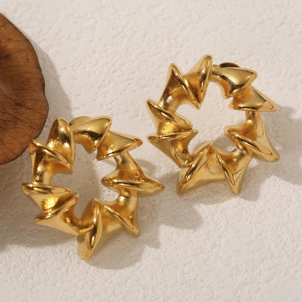 LNCHRAN Gold Tone Geometric Wreath Earrings - Women's Stainless Steel Twisted Pleat Design
