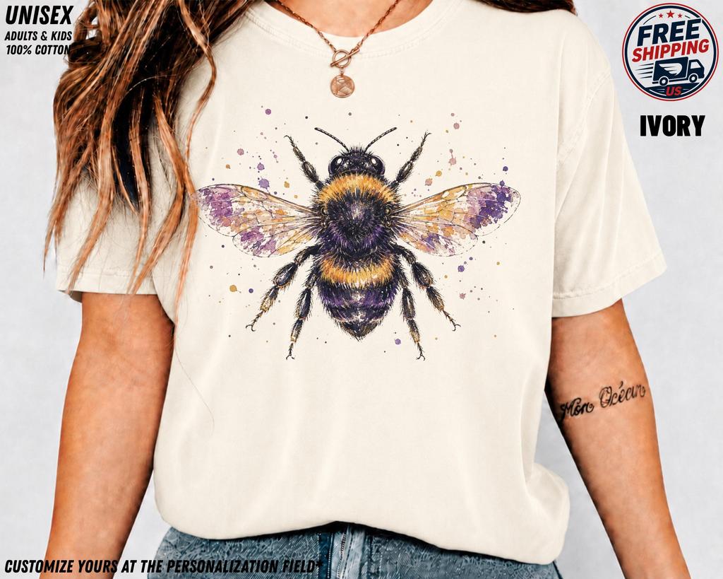 Watercolor Bumblebee T-Shirt, Purple Gold Insect Tee, Artistic Nature Gift