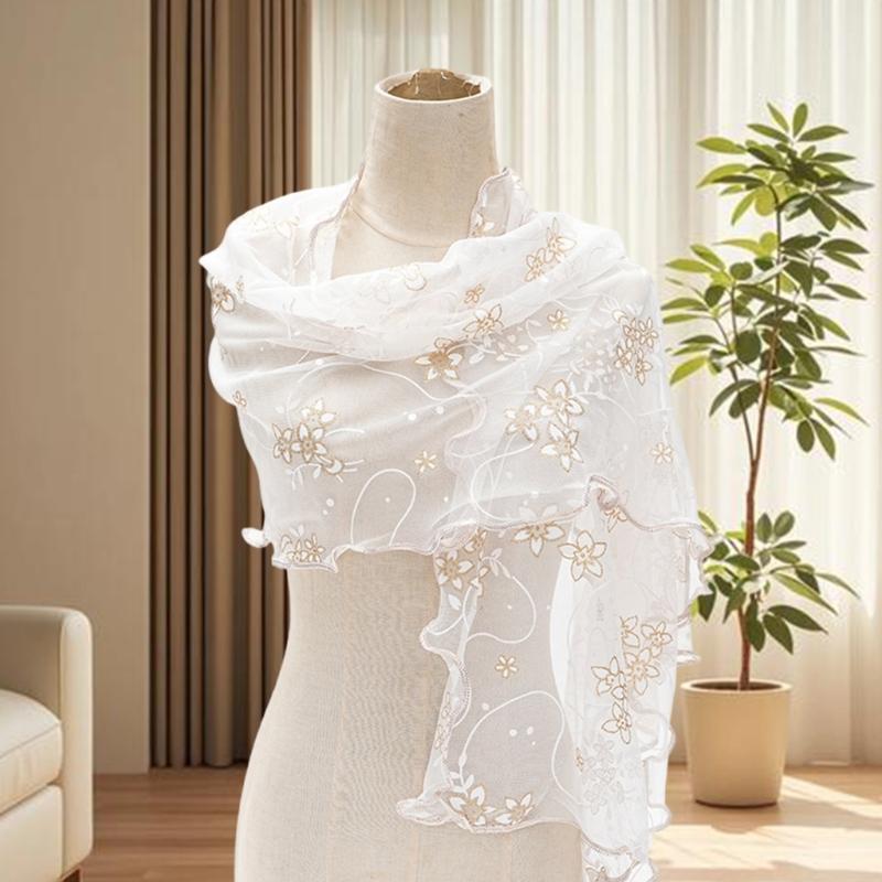 Floral Lace Scarf Elegant Women Accessory Soft Silk Like Polyester Lightweight For Daily Wear