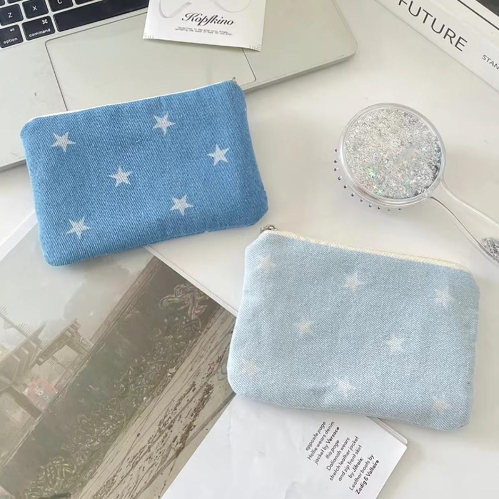 Cute Star Print Coin Purse Denim Ultralight Lipstick Earphone Storage Bag with Zipper Small Coin Wallet