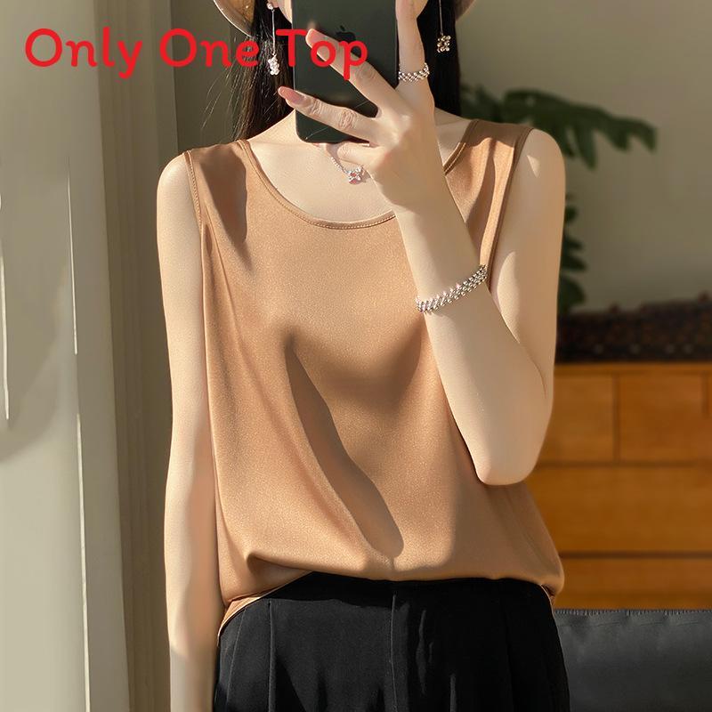 Silk Satin Summer Womens Sleeveless T Shirt With Round Neck For Office Wear