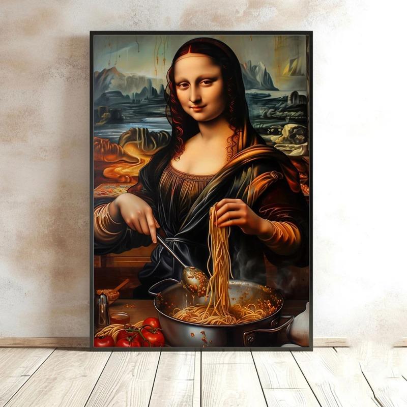 Divertente Monna Lisa con la cottura di spaghetti italiani, arte murale su tela, poster e stampe carini per la cucina, immagini di arredamento per la casa